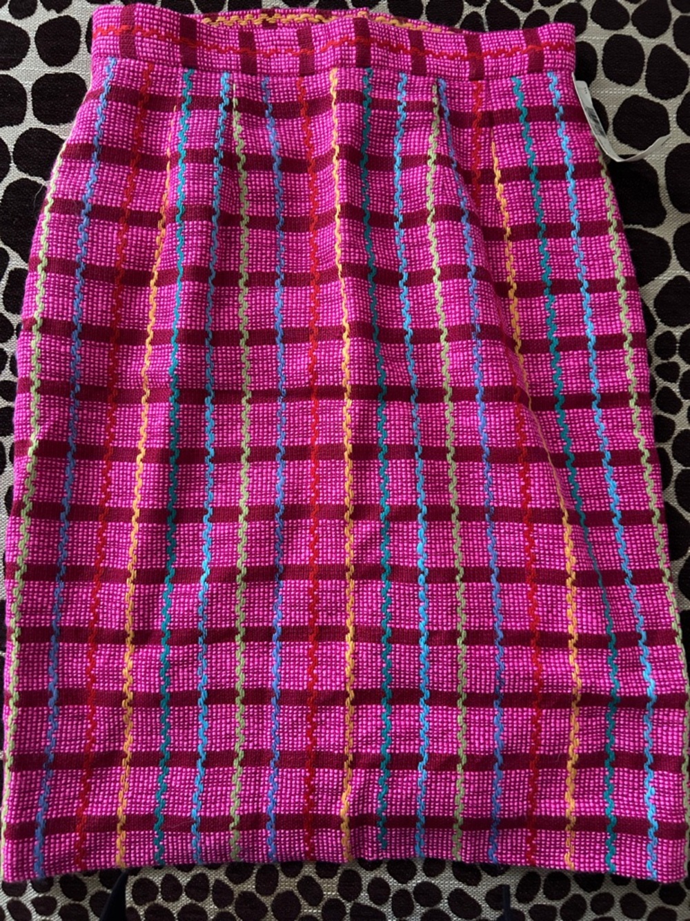 Anne Klein II Hot Pink Plaid Pencil Skirt with Multicolor Stripe Accents-Vintage